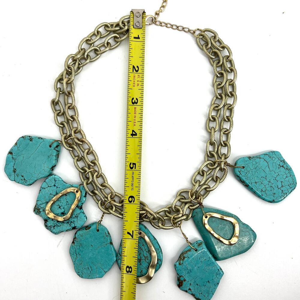 Vintage Artisan Turquoise Stone Slab And Gold Tone Chunky Necklace View 4